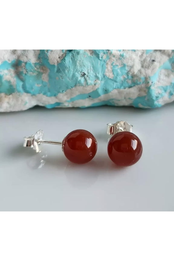 Natural 10mm Red Jade Round Gemstone Beads Ball Stud Earrings AAA
