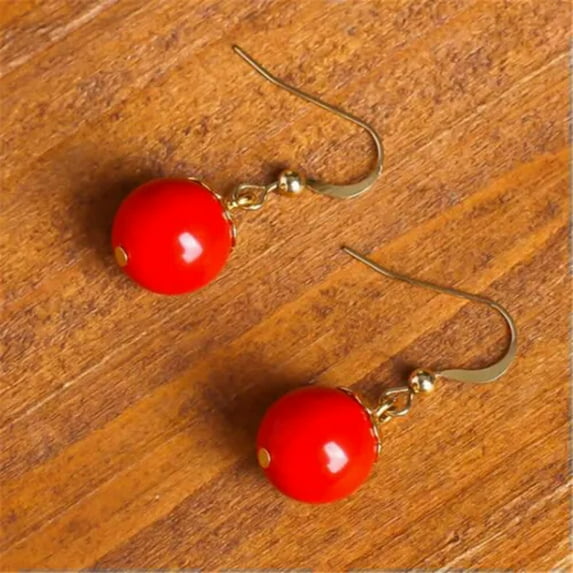 K-KED Natural 10mm Red South Sea Coral Round Gemstone Beads Hook Dangle Earrings