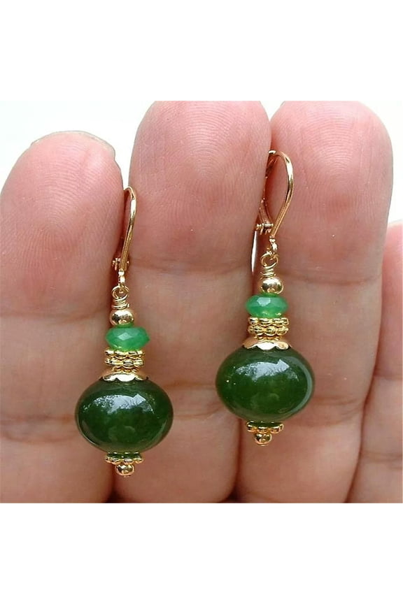 Natural 10mm Taiwan Green Chalcedony Round Gemstone Beads Leverback Earrings