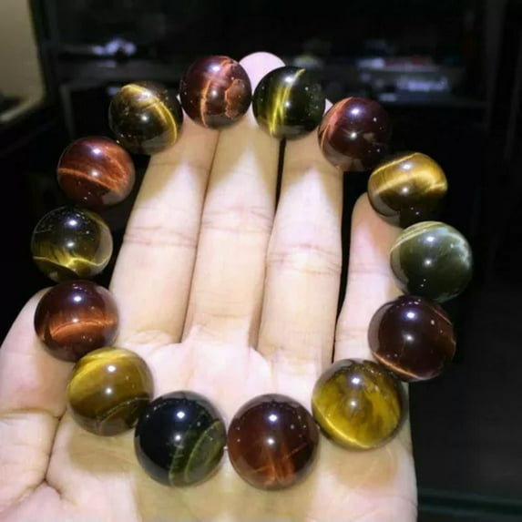 K-KED Natural 14Mm Colorful Tiger's Eye Stone Round Beads Stretchy Bracelet Bangle 7.5-Multicolor