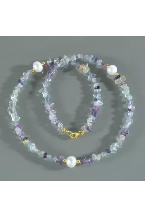 Natural 5-8mm Rainbow Fluorite & Pearl Beads Nugget Handmade Strand Necklace 18"