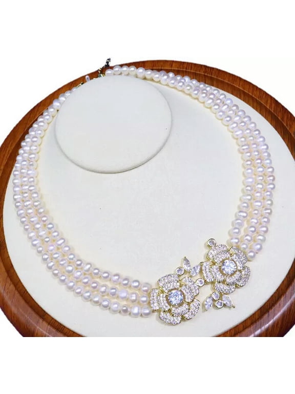 Natural 6-7mm 3 row white Freshwater Pearl Necklace CZ pendant