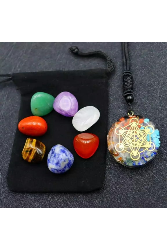 Natural 7 Chakra Crystal Tumbled Stone Set Orgonite Pendant W/ Gift Bag Healing