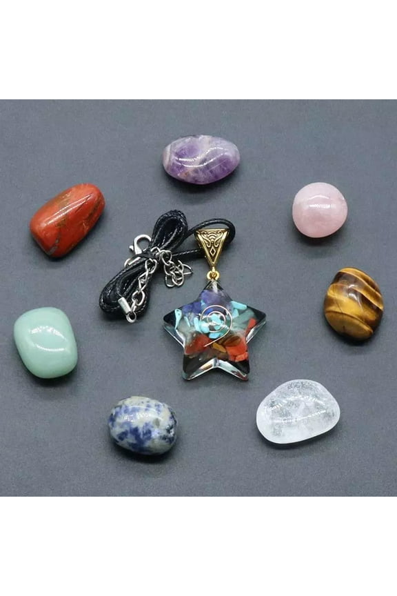 Natural 7 Chakra Quartz Polished Tumbled Gemstone Resin Gravel Star Pendant Set-default