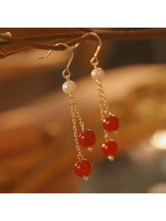 Natural 8mm Red Carnelian Round Gemstone Beads Hook Dangle Earrings AAA