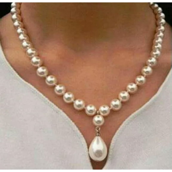 K-KED Natural 8mm Round South Sea Shell Pearl 12x16mm Drop Pendant Necklace 18" AAA+-White