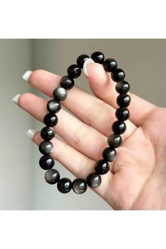 Natural 8mm Silver Sheen Obsidian Gems Beads Crystal Chakra Protection Bracelet