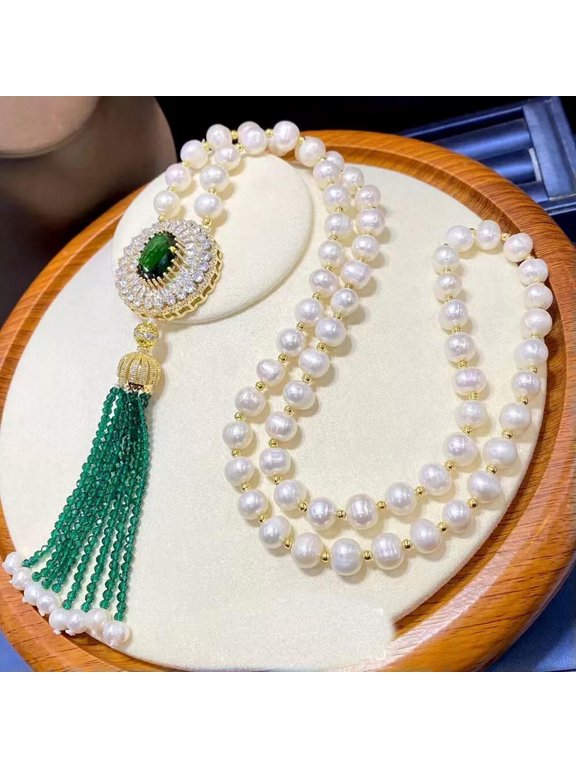 Natural 9-10mm White Freshwater Pearl Necklace 26" CZ Pendant For Women