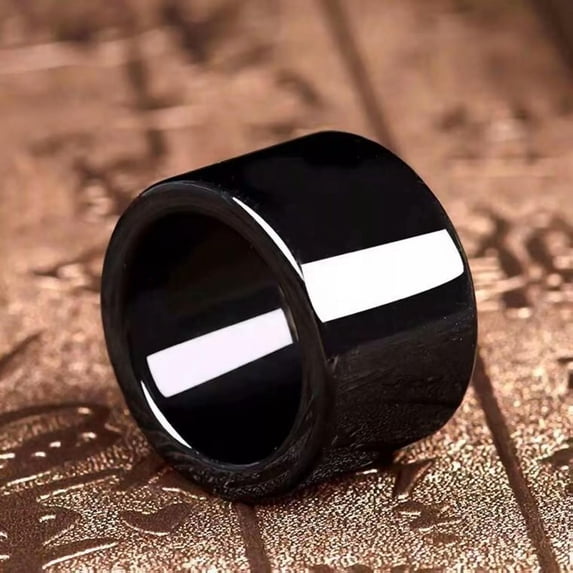 K-KED Natural A Grade Jade Jadeite Men Gift Lucky Black 21mm Wide Smooth Circle Ring