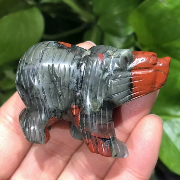 K-KED Natural African Bloodstone Quartz Crystal Carved Polar Bear Gemstone Vivid Decor