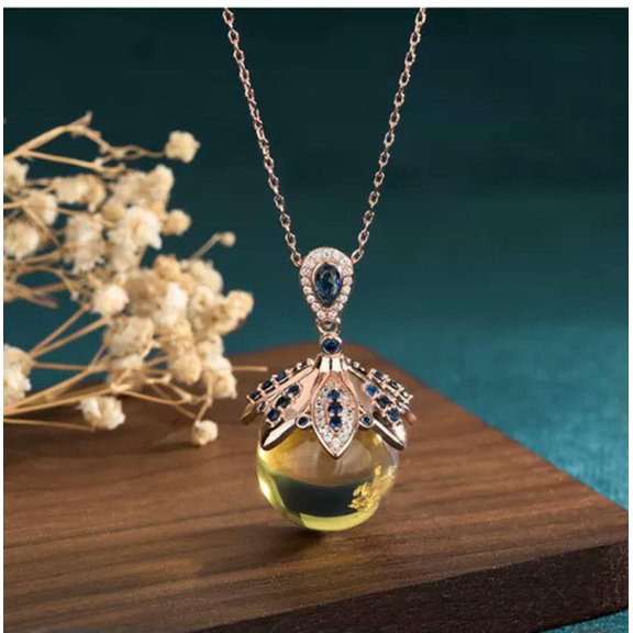 K-KED Natural Amber Crystal Pendant Necklace 18K Gold Plated Chain Dainty Gemstone