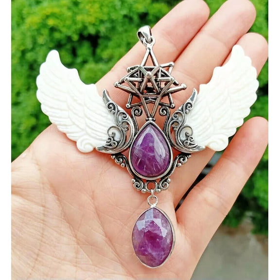 K-KED Natural Amethyst Stone White Shell Angel Wing Pendant Prism Magic Amulet 1pcs