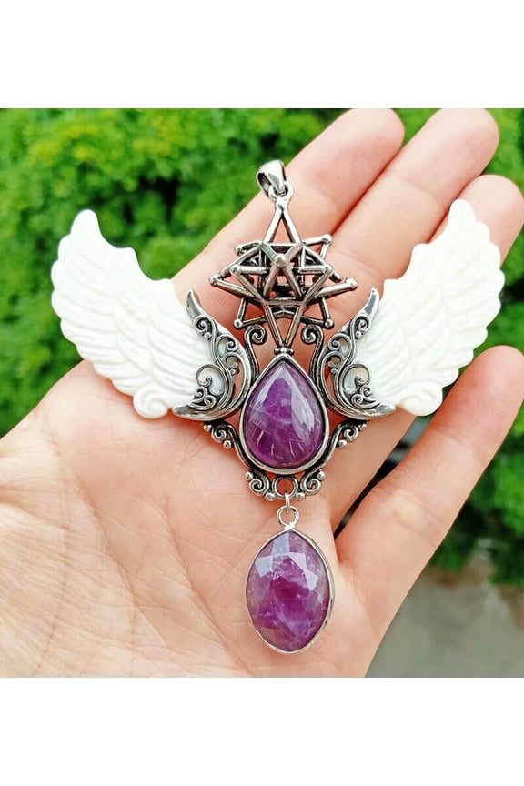 Natural Amethyst Stone White Shell Angel Wing Pendant Prism Magic Amulet 1pcs