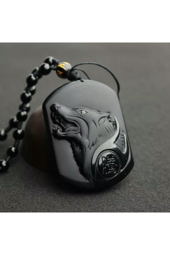 Natural Black Obsidian Carving Wolf Head Amulet Pendant Necklace Obsidian Charms