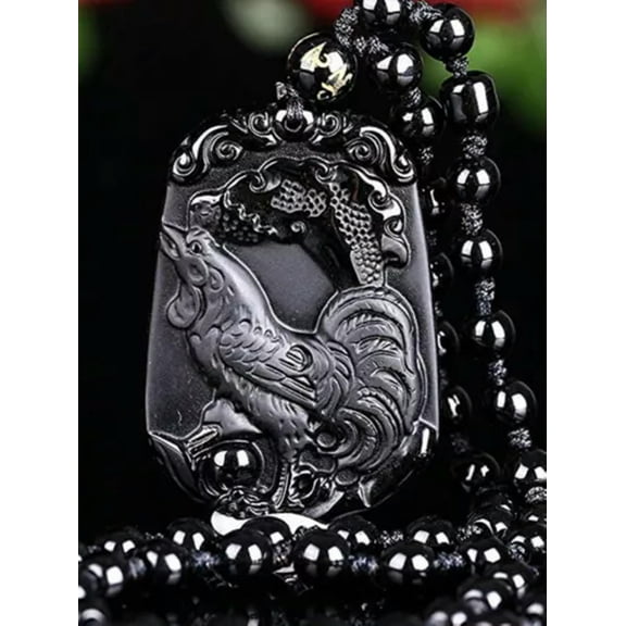 K-KED Natural Black Obsidian Chinese Zodiac Necklace Amulet Animals Pendant Bead Chain-cock
