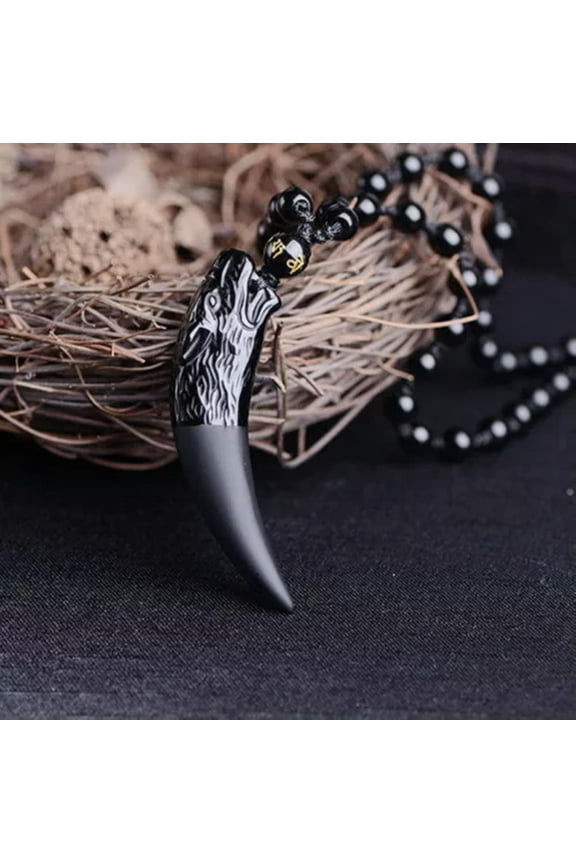 Natural Black Obsidian Crystal Wolf Tooth Necklace Pendant Bead with Chain-default
