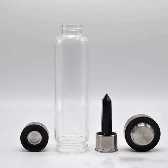 K-KED Natural Black Obsidian Quartz Elixir Water Bottle Crystal Point Wand Reiki Stone-default