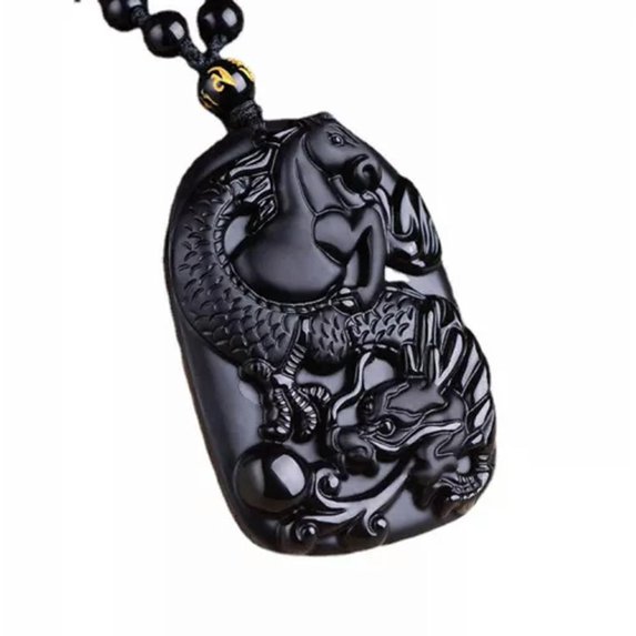 K-KED Natural Black Obsidian dragon horse Necklace Amulet Pendant Bead with Chain