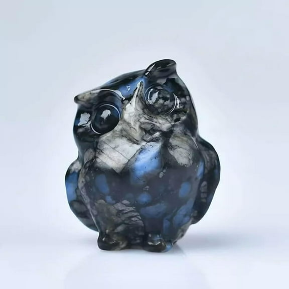 K-KED Natural Blue Amphibole Owl Quartz Crystal Hooters Statue Mini Reiki Amulet Decor