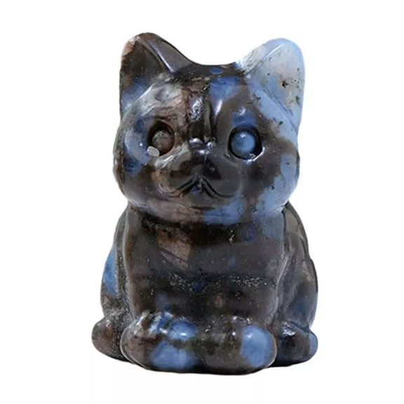 K-KED Natural Blue Amphibole Quartz Crystal Carved Lucky Cat Gem Statue Healing Decor