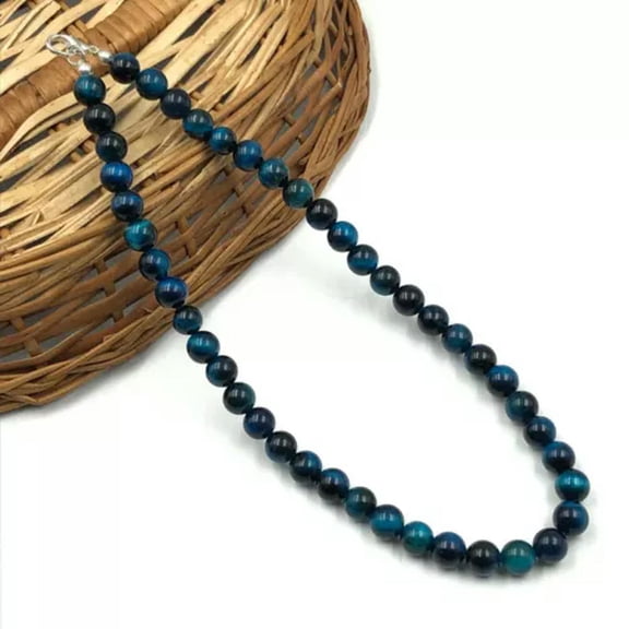 K-KED Natural Blue Tiger 8mm Round Shape Beaded Gemstone Handmade Unisex Necklace-18 in
