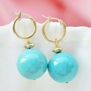 K-KED Natural Blue Turquoise Round Gemstone Beads Dangle Gold Leverback Earrings-8mm