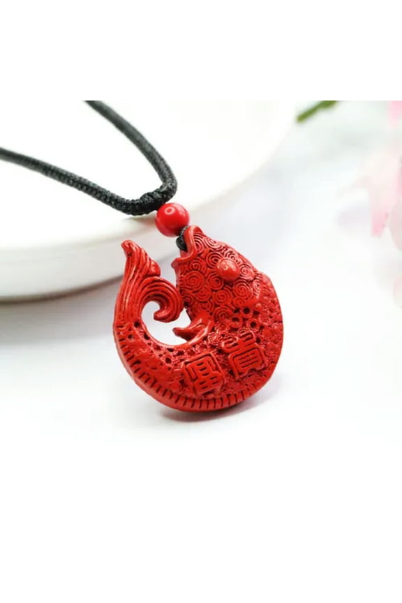 Natural Cinnabar Carp Pendant Necklace Delicate Jewelry Carved Gemstone Fish Red Amulets
