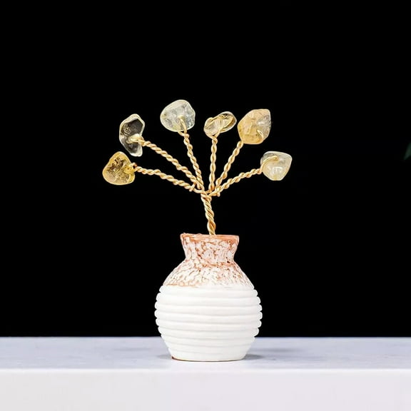 K-KED Natural Citrine Quartz Crystal Chip Stone Money Tree Landscape Vase Decor Reiki-default