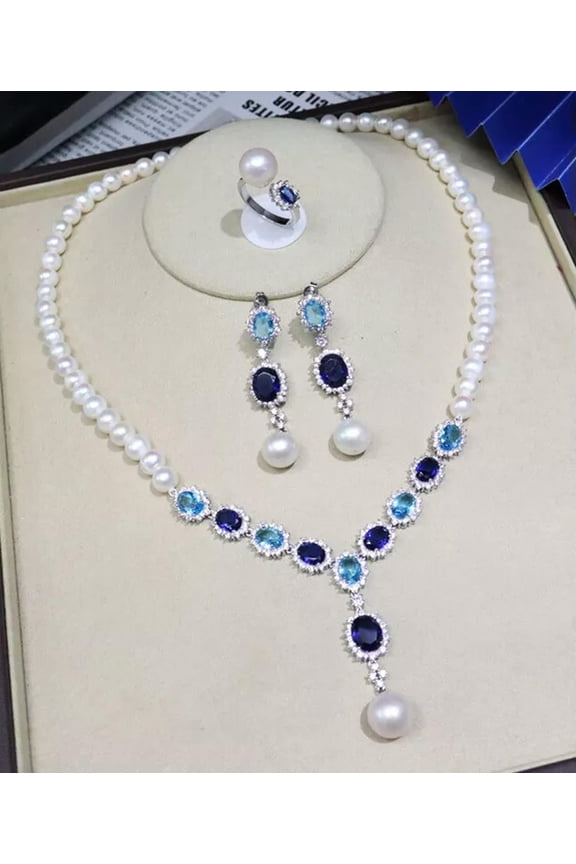 Natural Craystal 7-8mm White Freshwater Pearl Necklace Pendant Ring Earrings Set