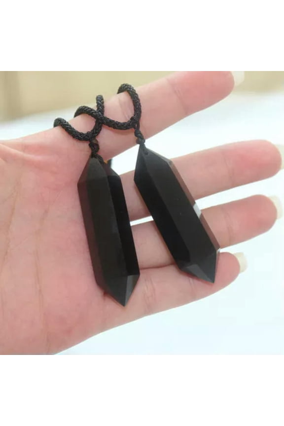 Natural Crystal Quartz Stone Pendulum Hexagonal Pendant Reiki Healing Necklace-Obsidian #3