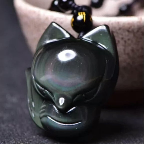K-KED Natural Crystal Rainbow Obsidian Big Head Fox Necklace Pendant with Chain