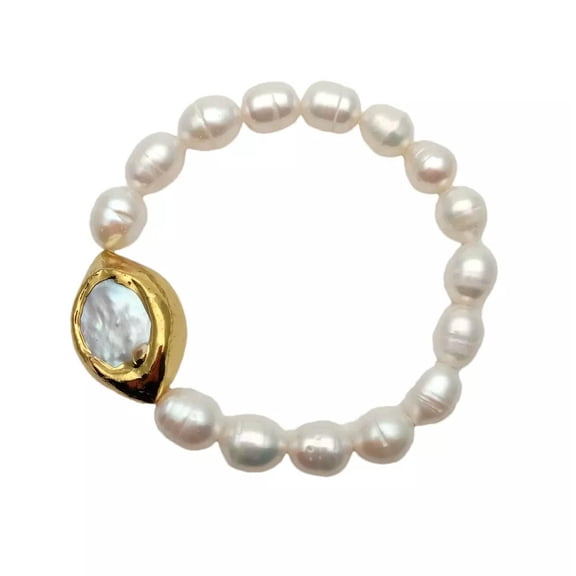 K-KED Natural Cultured White Rice Pearl Keshi Pearl Gold Plated Elastic&nbsp;bracelet