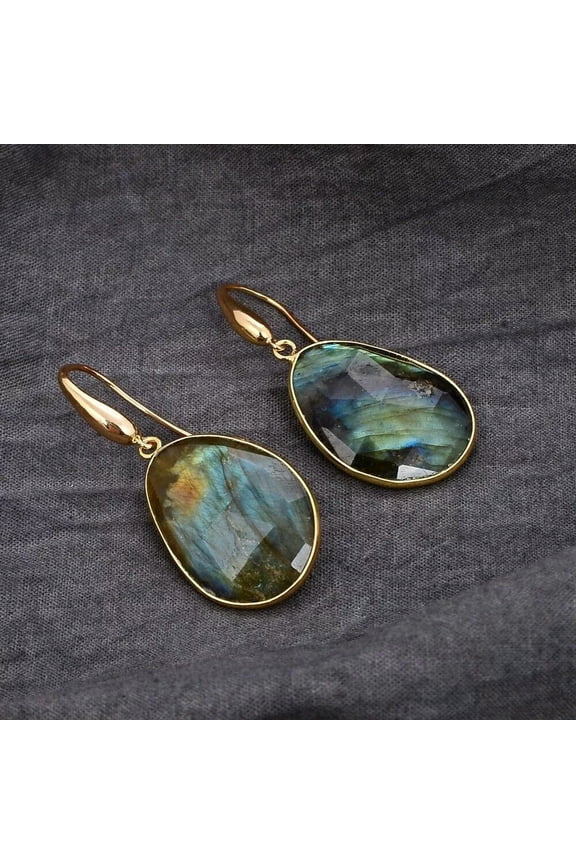 Natural Faceted Labradorite Spectrolite Druzy Gold Plated Dangle Hook Earrings