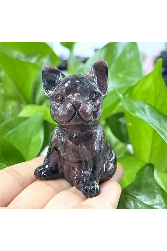 Natural Garnet Quartz Crystal French Bulldog Carved Mini Puppy Sculpture Gift