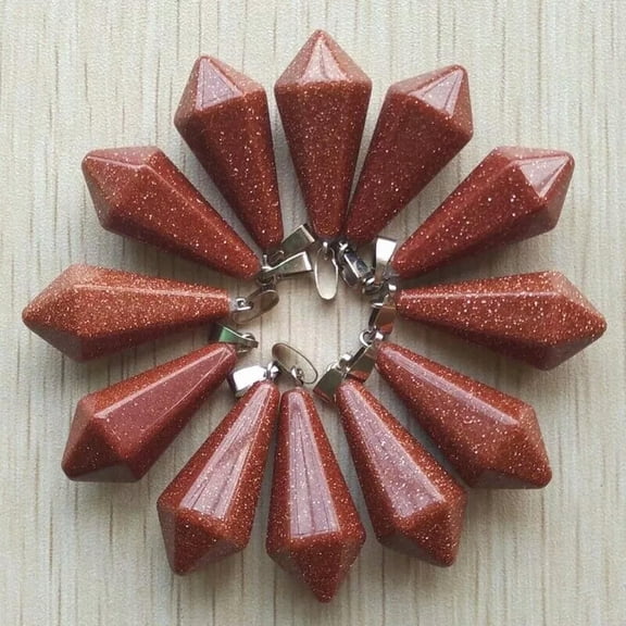 K-KED Natural Gold Sand Stone 12pcs Hexagonal Pyramid Pendants for Delicate Jewelry 30x12mm