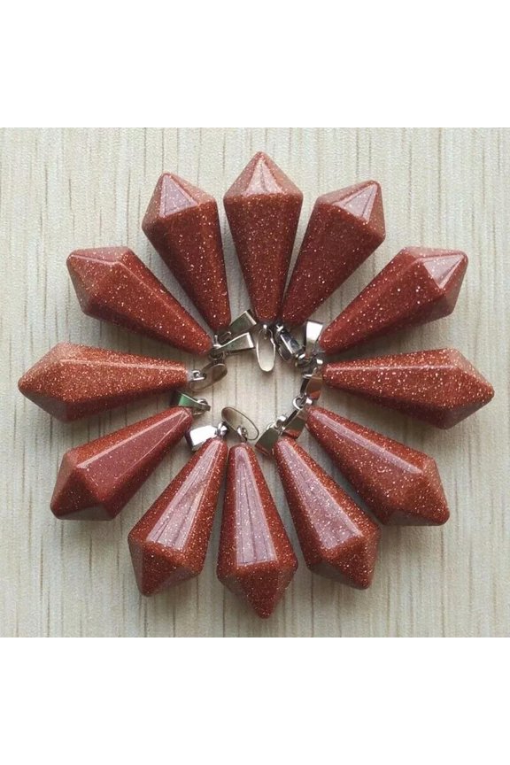 Natural Gold Sand Stone 12pcs Hexagonal Pyramid Pendants for Delicate Jewelry 30x12mm