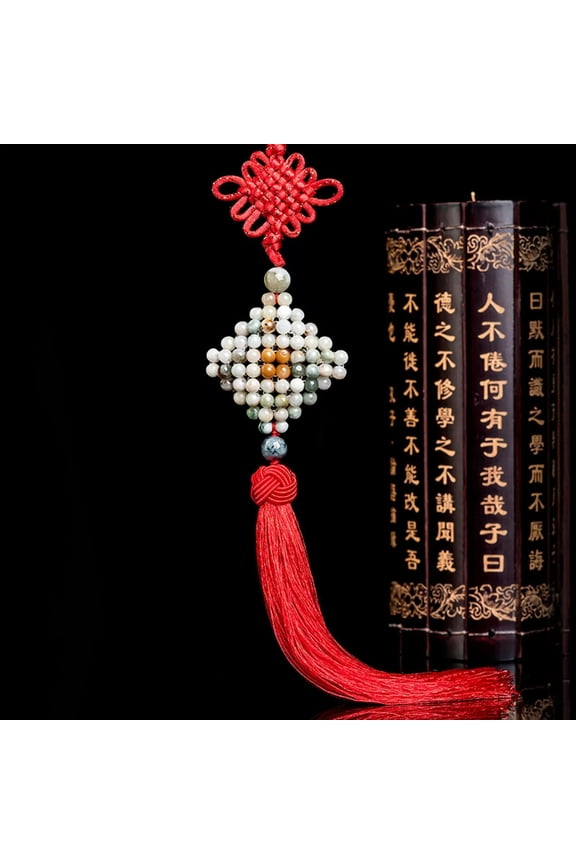 Natural Grade A Jade Jadeite Beads Lucky Rhomboid Braided Knot Tassel Pendant