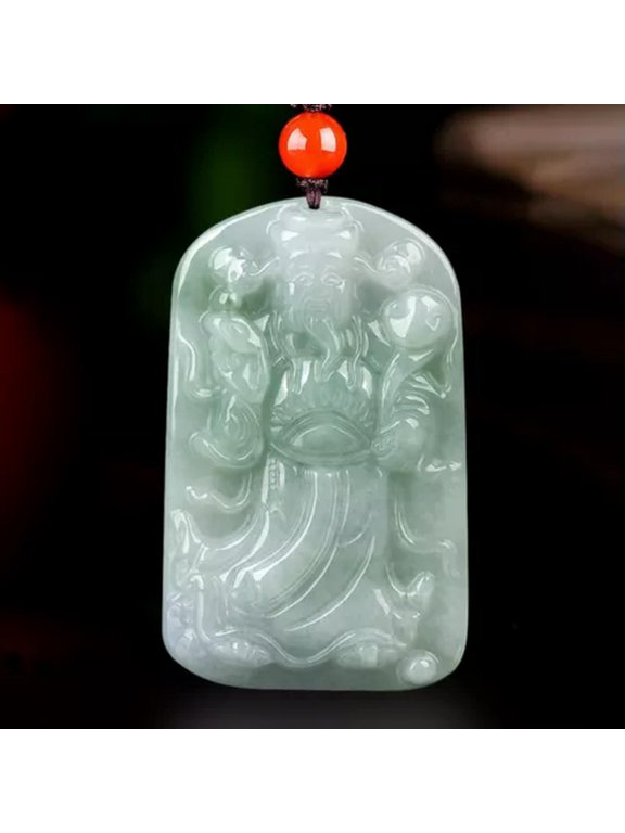Natural Grade A Jade Jadeite Bless Lucky God Of Fortune Wealth Oblong Pendant