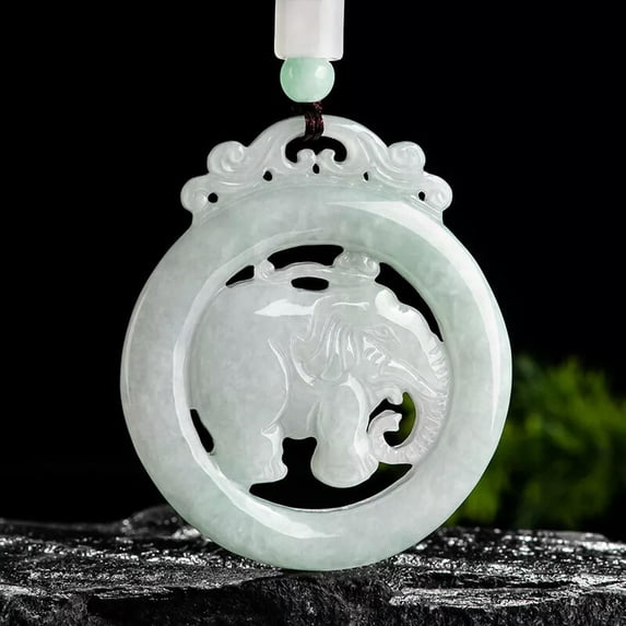 K-KED Natural Grade A Jade Jadeite Jade Lucky Elephant Cloud Circle Pendant Chain