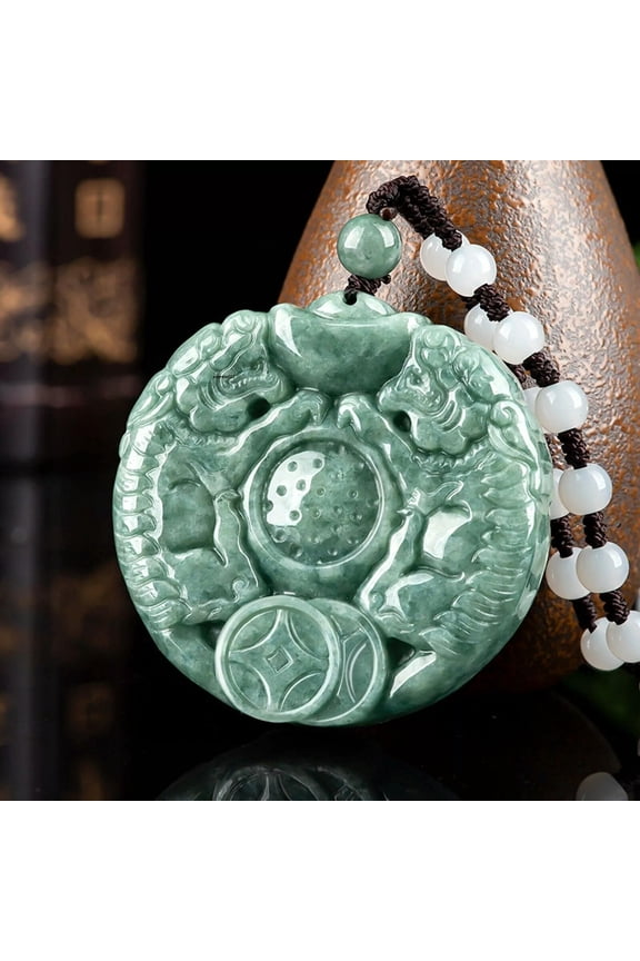 Natural Grade A Jade Jadeite Lucky Coin Yuanbao Double Tiger Bead Round Pendant
