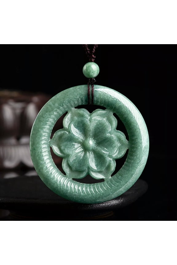 Natural Grade A Jade Jadeite Lucky Gift Perfect Peony Flower Circle Pendant
