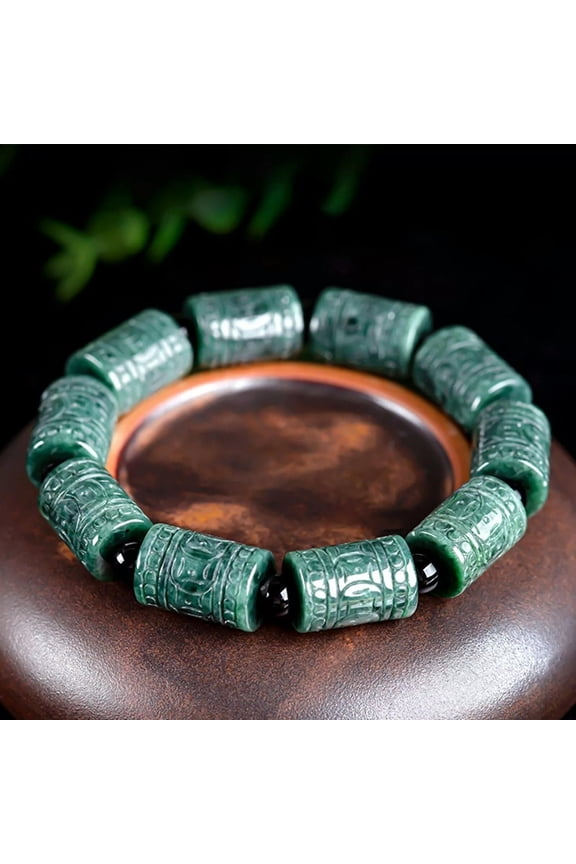 Natural Grade A Jade Jadeite Men Women Carved Coin Column Round Beads Bracelet