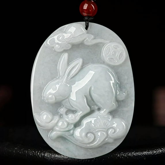 K-KED Natural Grade A Jade Jadeite Men Women Lucky Ruyi Coin Cloud Rabbit Oval Pendant