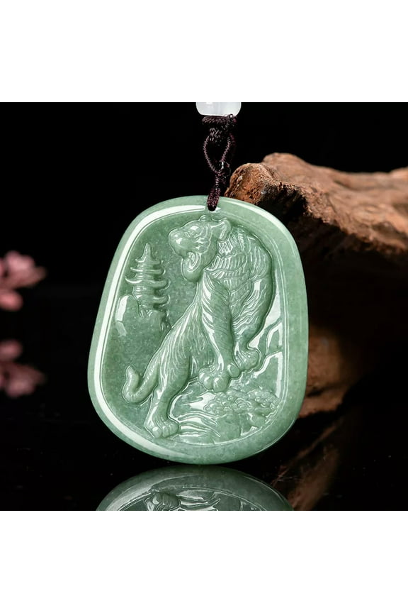 Natural Grade A Jade Jadeite Men Women Mountain Zodiac Tiger Oblong Pendant