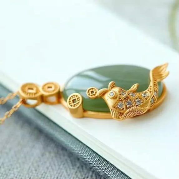 K-KED Natural Green Jade Carp Pendant Necklaces 925 Silver Delicate Jewelry Necklace Amulet