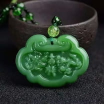 K-KED Natural Green Jade Necklace Pendant Hand-Carved Lucky Amulet Chain Chic pretty-longevity lock