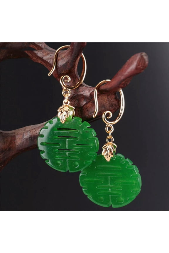 Natural Green jade Double happiness Earring 18KGP Ms gift Women Luxury