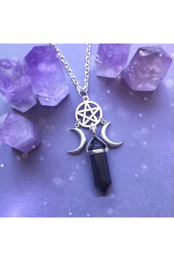 Natural Hexagonal Prism Quartz Crystal Pendant Necklace Moon Pentagram Necklace-Black
