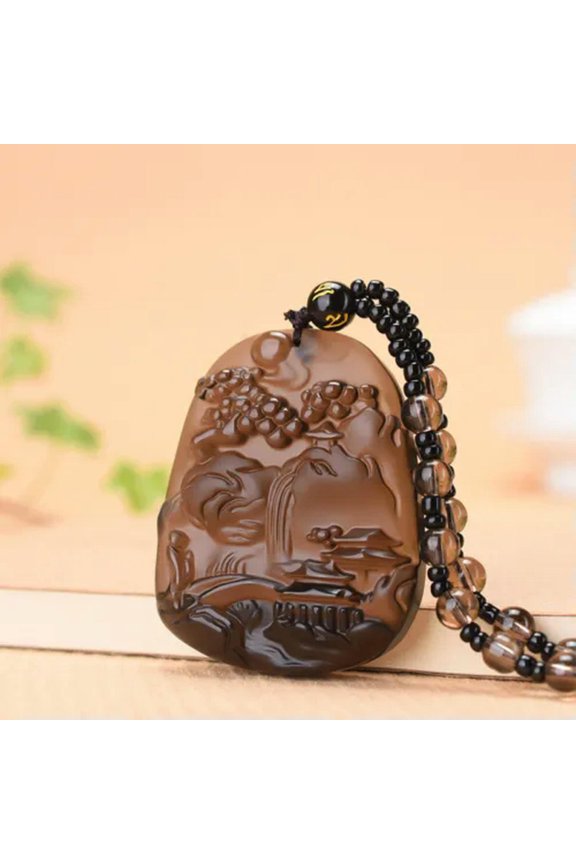 Natural Ice Obsidian Jade Pendant W Beads Cord Necklace Mountain Charm Gemstone