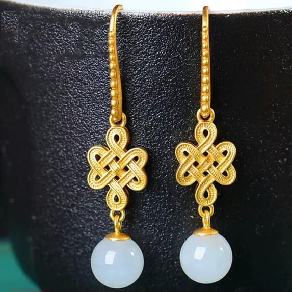K-KED Natural Jade Bead Earrings Talismans 18K Gold Plated Real Jewelry-1